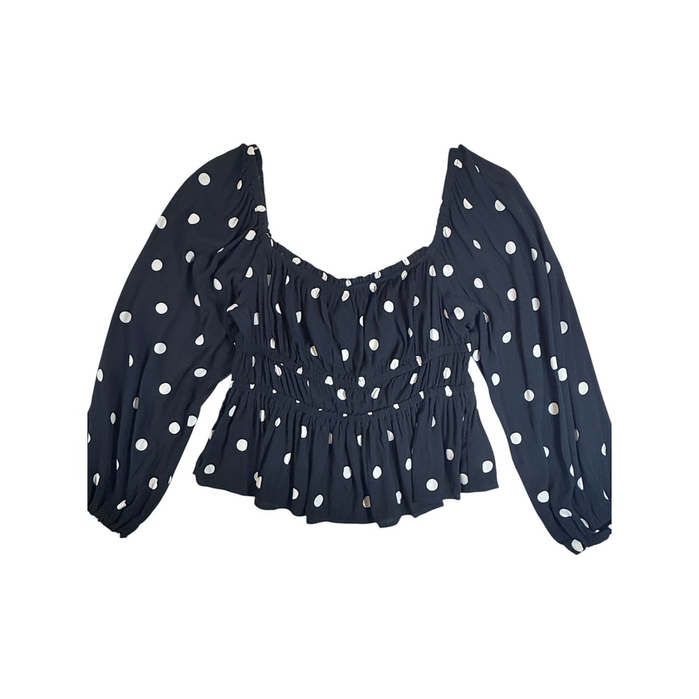 J.Crew Smocked Peplum Blouse Womens Medium Black Polka Dot Long Sleeve